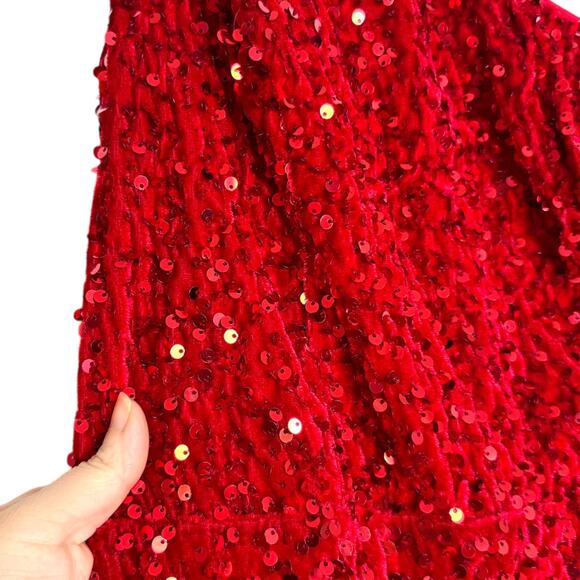 Faeriesty Red Sequin Velour Floor Length Mermaid One Shoulder Gown Women's M/L - Picture 11 of 13
